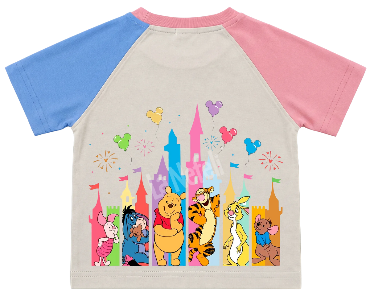 Winnie the Pooh castle parade kids' T-shirt, pink and blue raglan sleeves, pink collar, big print on the back
