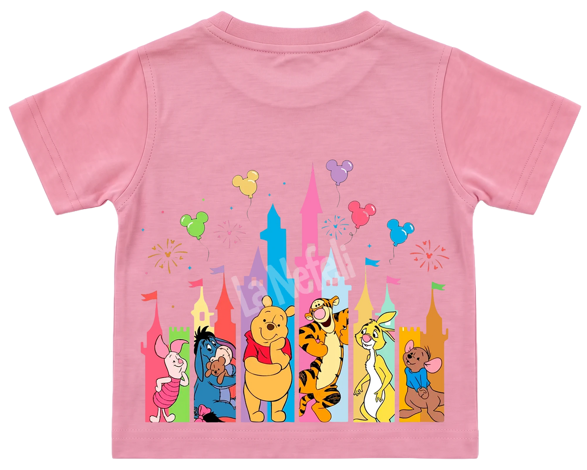 Winnie the Pooh castle parade kids' T-shirt, all pink, big print on the back