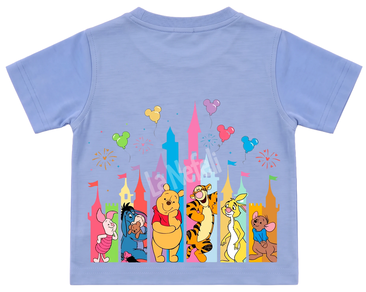 Winnie the Pooh castle parade kids' T-shirt, all blue, big print on the back