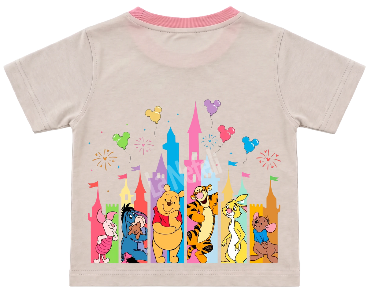 Winnie the Pooh castle parade kids' T-shirt, cream with a pink neckline, big print on the back