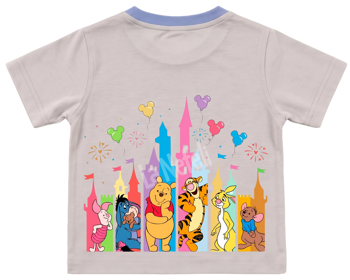 Winnie the Pooh castle parade kids' T-shirt, cream with a blue neckline, big print on the back