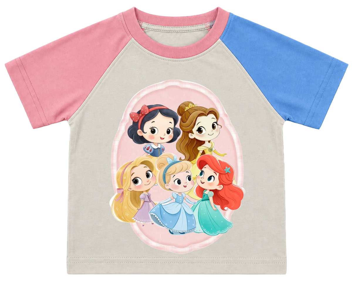 Little princesses portrait kids' T-shirt, pink and blue raglan sleeves, pink collar