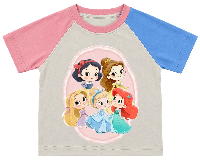 Little princesses portrait kids' T-shirt, pink and blue raglan sleeves, pink collar