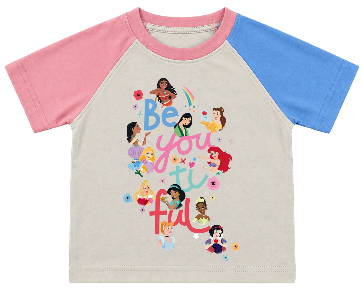 Be-You-Ti-Ful princesses kids' T-shirt, pink and blue raglan sleeves, pink collar