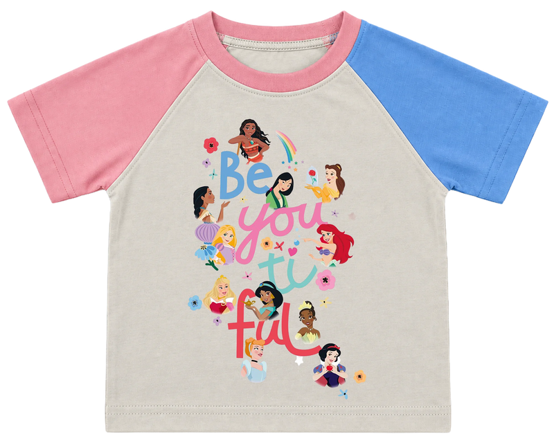 Be-You-Ti-Ful princesses kids' T-shirt, pink and blue raglan sleeves, pink collar