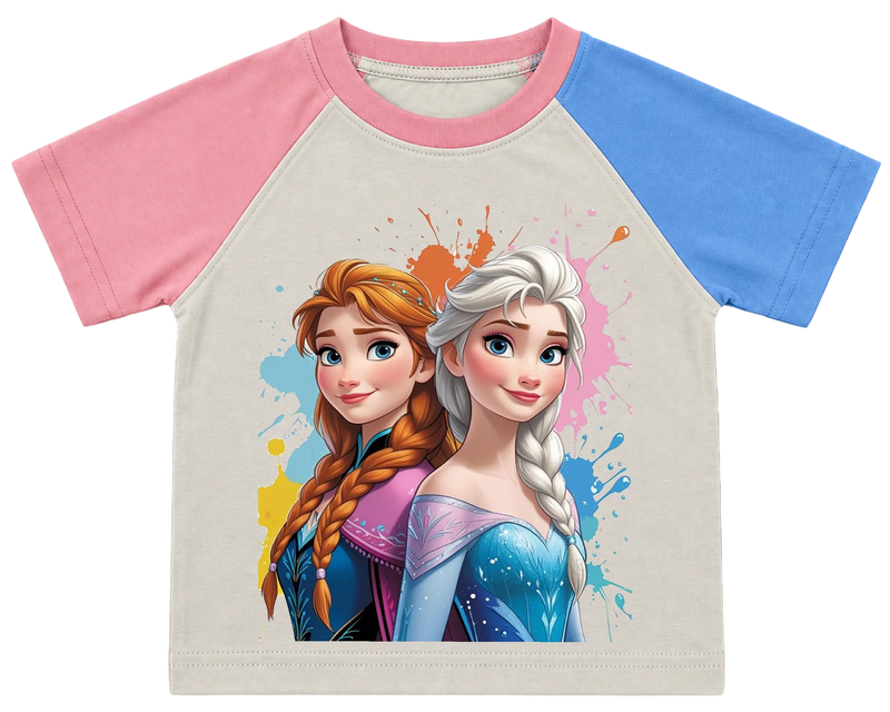 Frozen Anna and Elsa kids' T-shirt, pink and blue raglan sleeves, pink collar