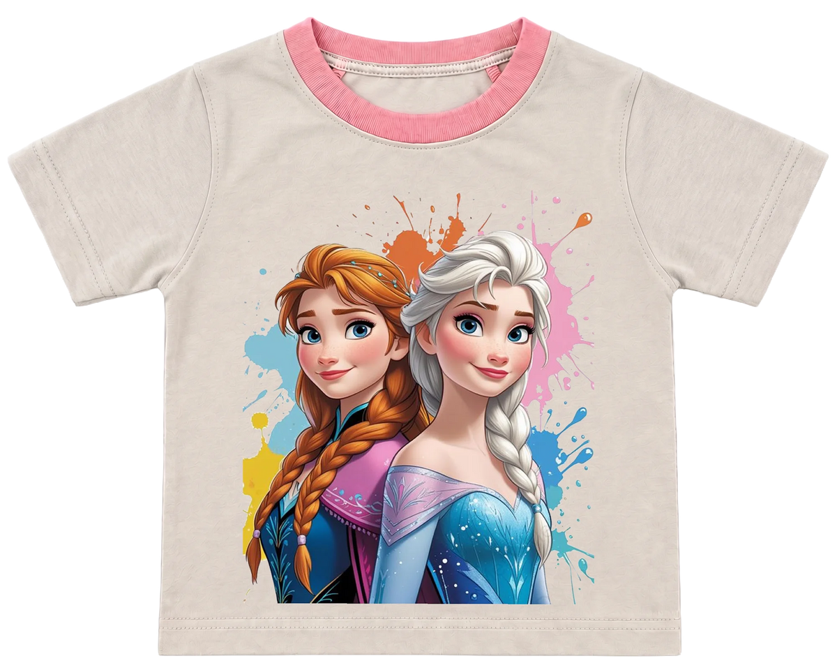 Frozen Anna and Elsa kids' T-shirt, cream with a pink neckline