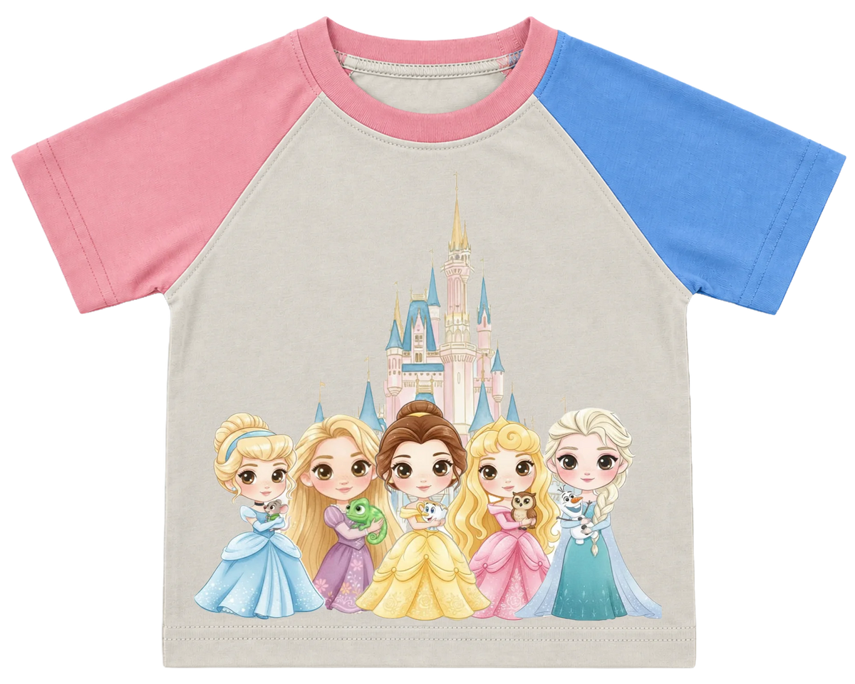 Princess castle kids' T-shirt, pink and blue raglan sleeves, pink collar