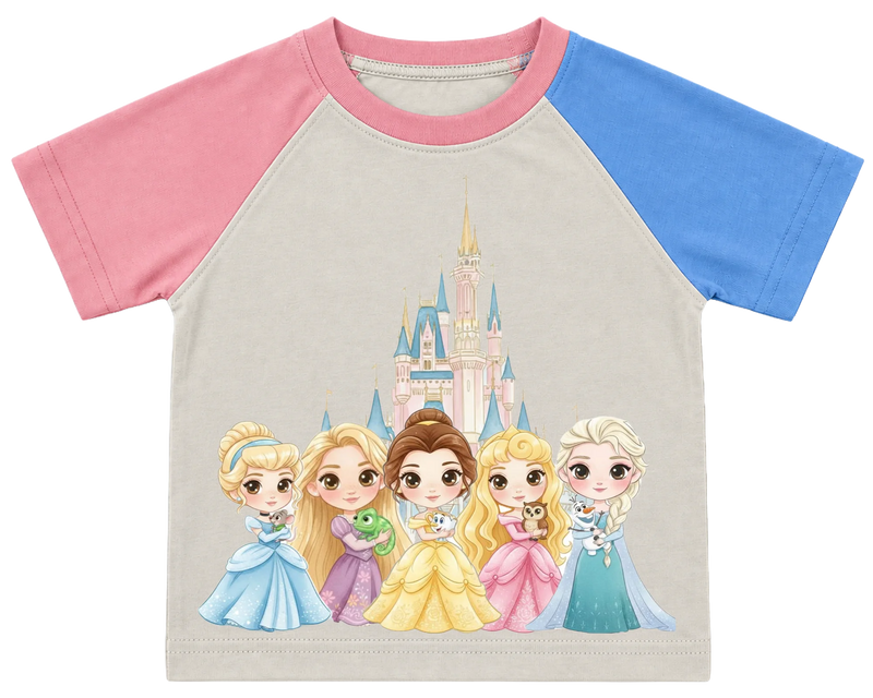 Princess castle kids' T-shirt, pink and blue raglan sleeves, pink collar