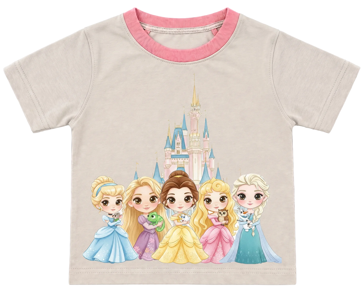 Princess castle kids' T-shirt, cream with a pink neckline