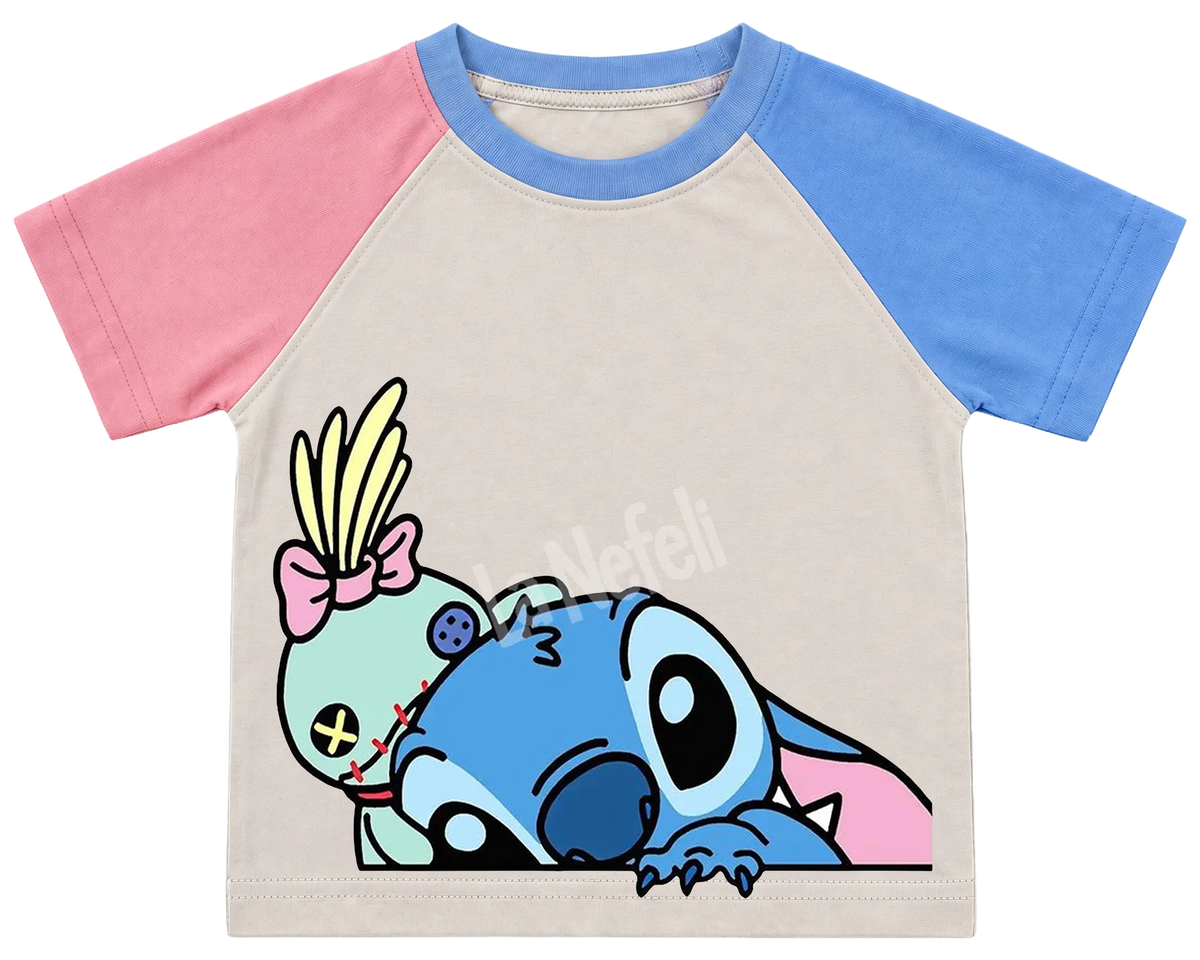 Peeking Stitch and Scrump kids' T-shirt, pink and blue raglan sleeves, blue collar