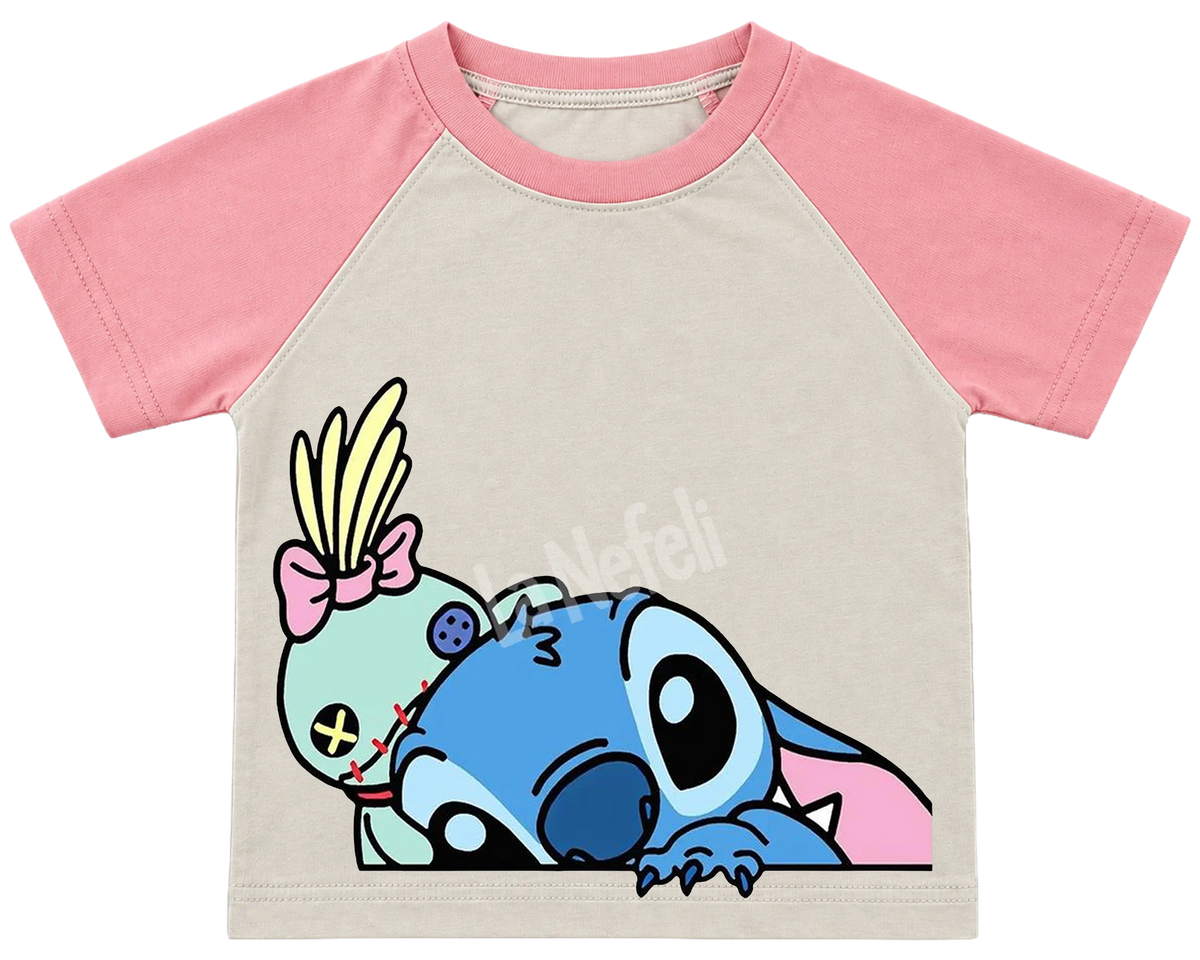 Peeking Stitch and Scrump kids' T-shirt, raglan with pink sleeves