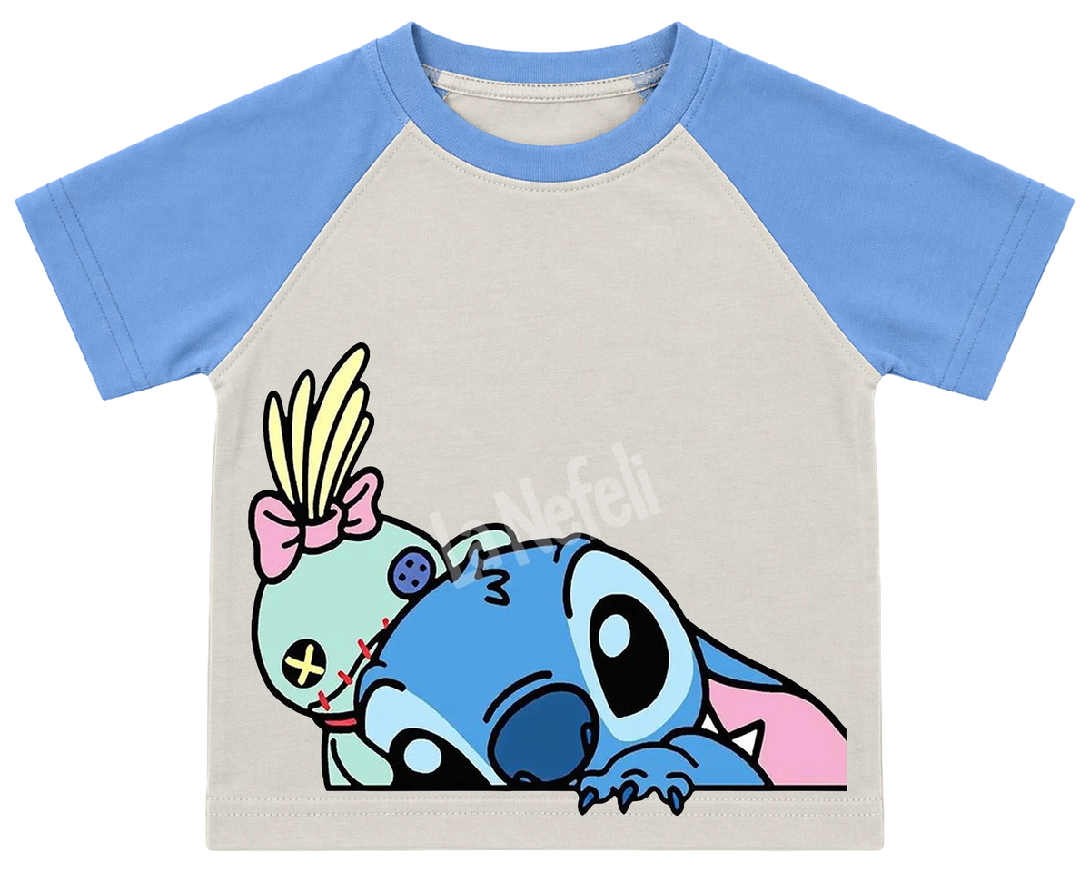 Peeking Stitch and Scrump kids' T-shirt, raglan with blue sleeves