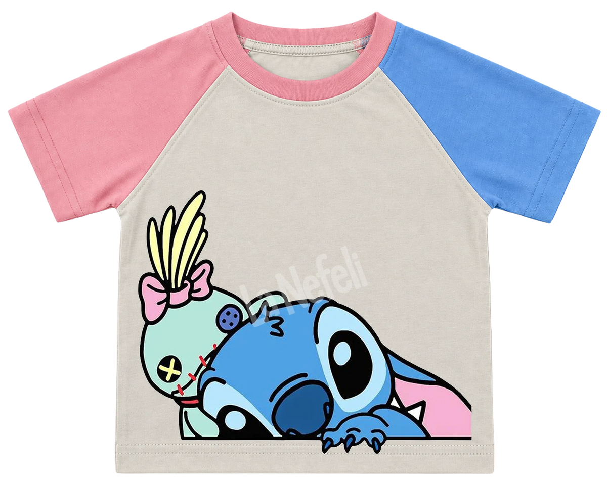 Peeking Stitch and Scrump kids' T-shirt, pink and blue raglan sleeves, pink collar