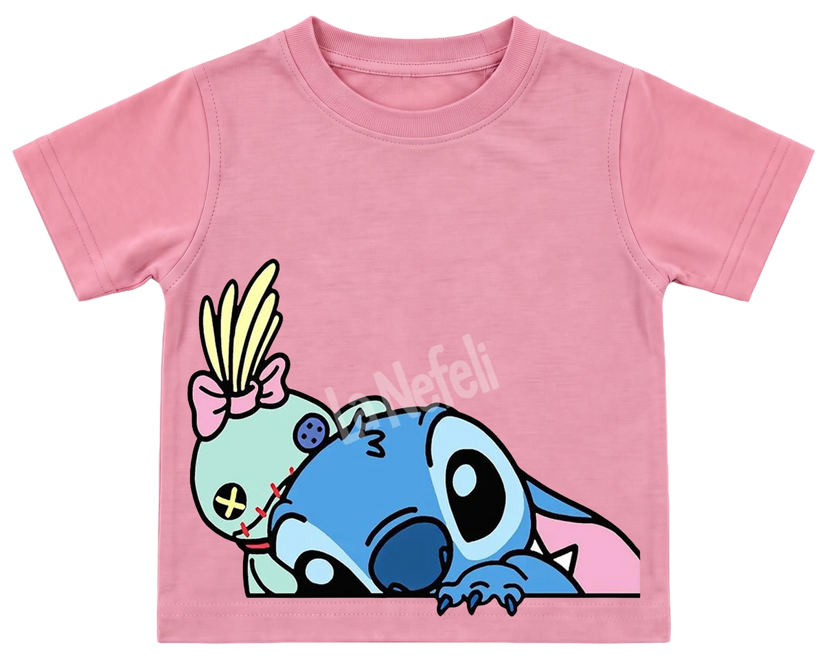 Peeking Stitch and Scrump kids' T-shirt, all pink