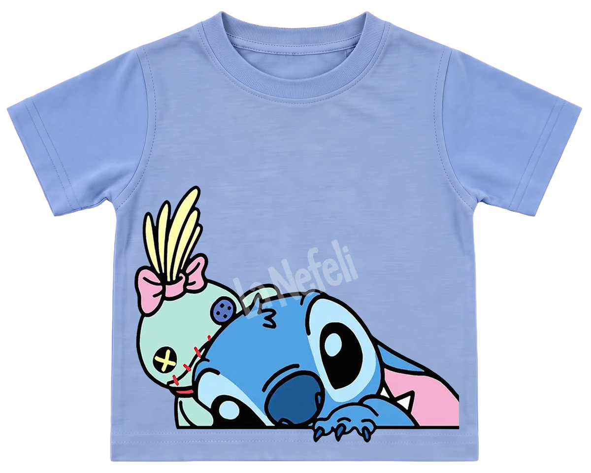 Peeking Stitch and Scrump kids' T-shirt, all blue