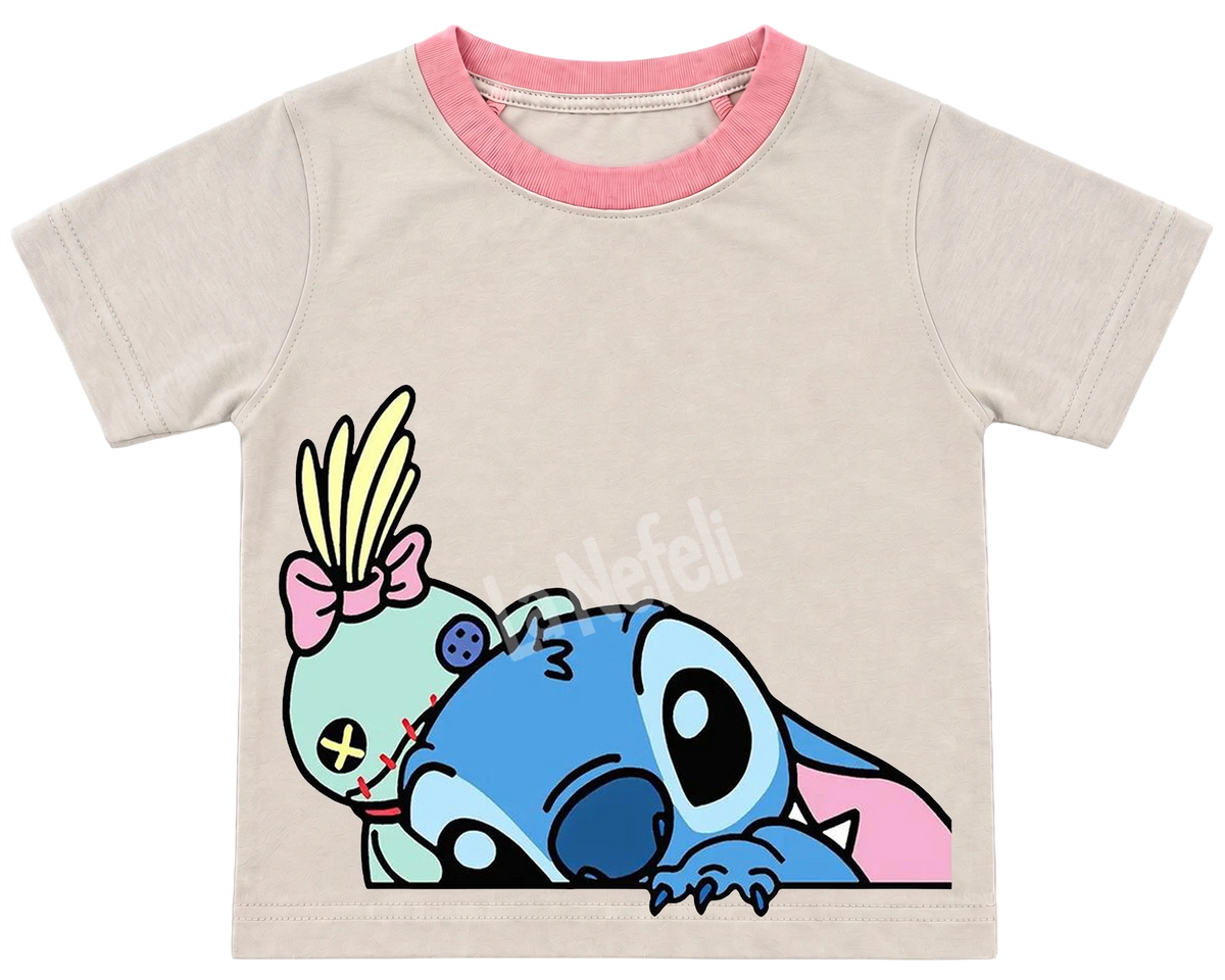 Peeking Stitch and Scrump kids' T-shirt, cream with a pink neckline