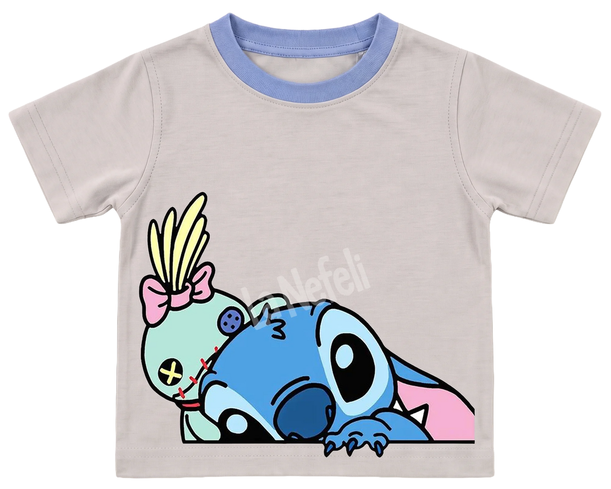 Peeking Stitch and Scrump kids' T-shirt, cream with a blue neckline