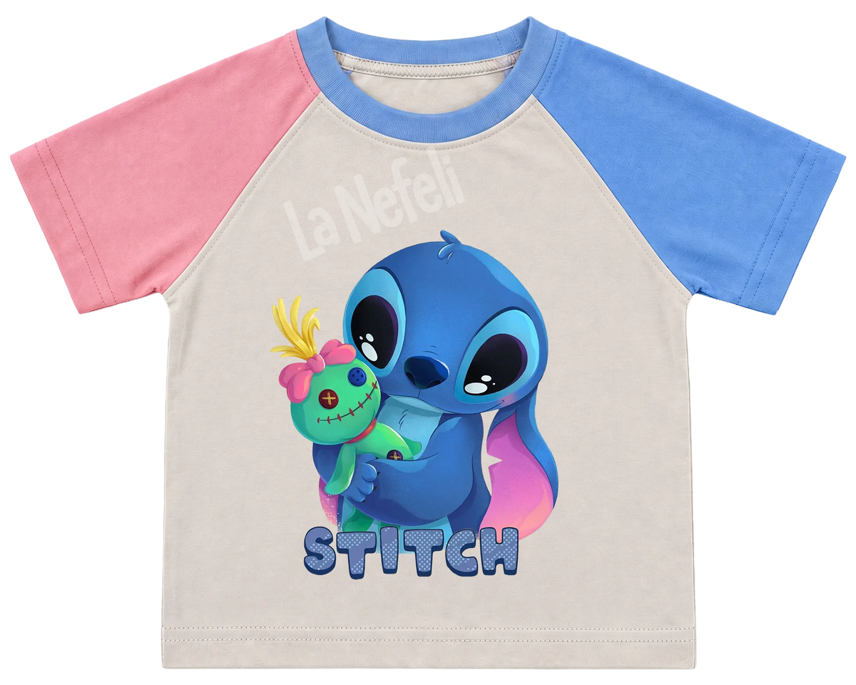 Stitch and Scrump hug kids' T-shirt, pink and blue raglan sleeves, blue collar