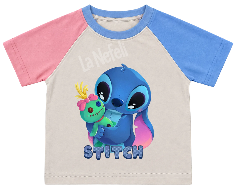 Stitch and Scrump hug kids' T-shirt, pink and blue raglan sleeves, blue collar