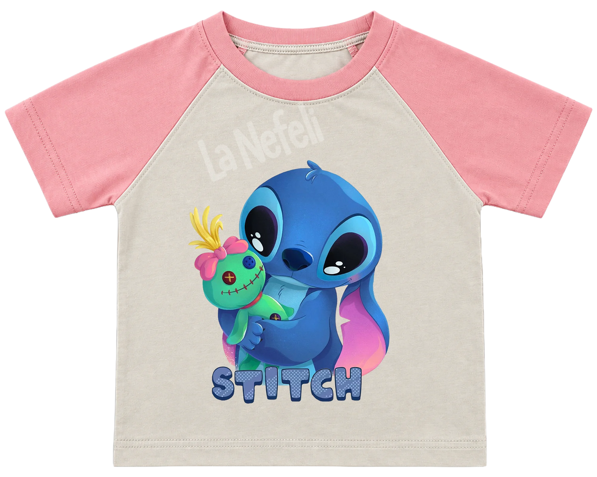 Stitch and Scrump hug kids' T-shirt, raglan with pink sleeves