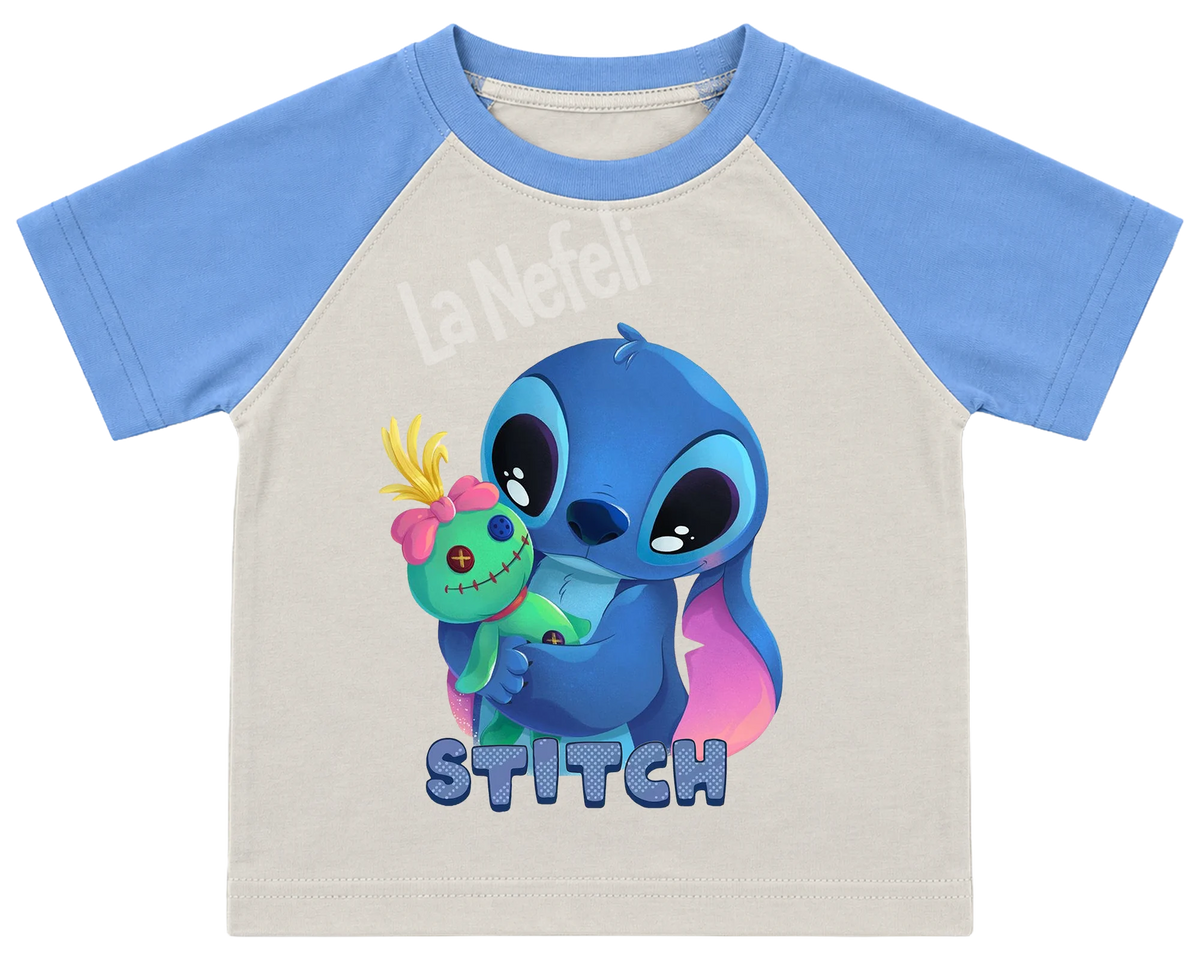Stitch and Scrump hug kids' T-shirt, raglan with blue sleeves