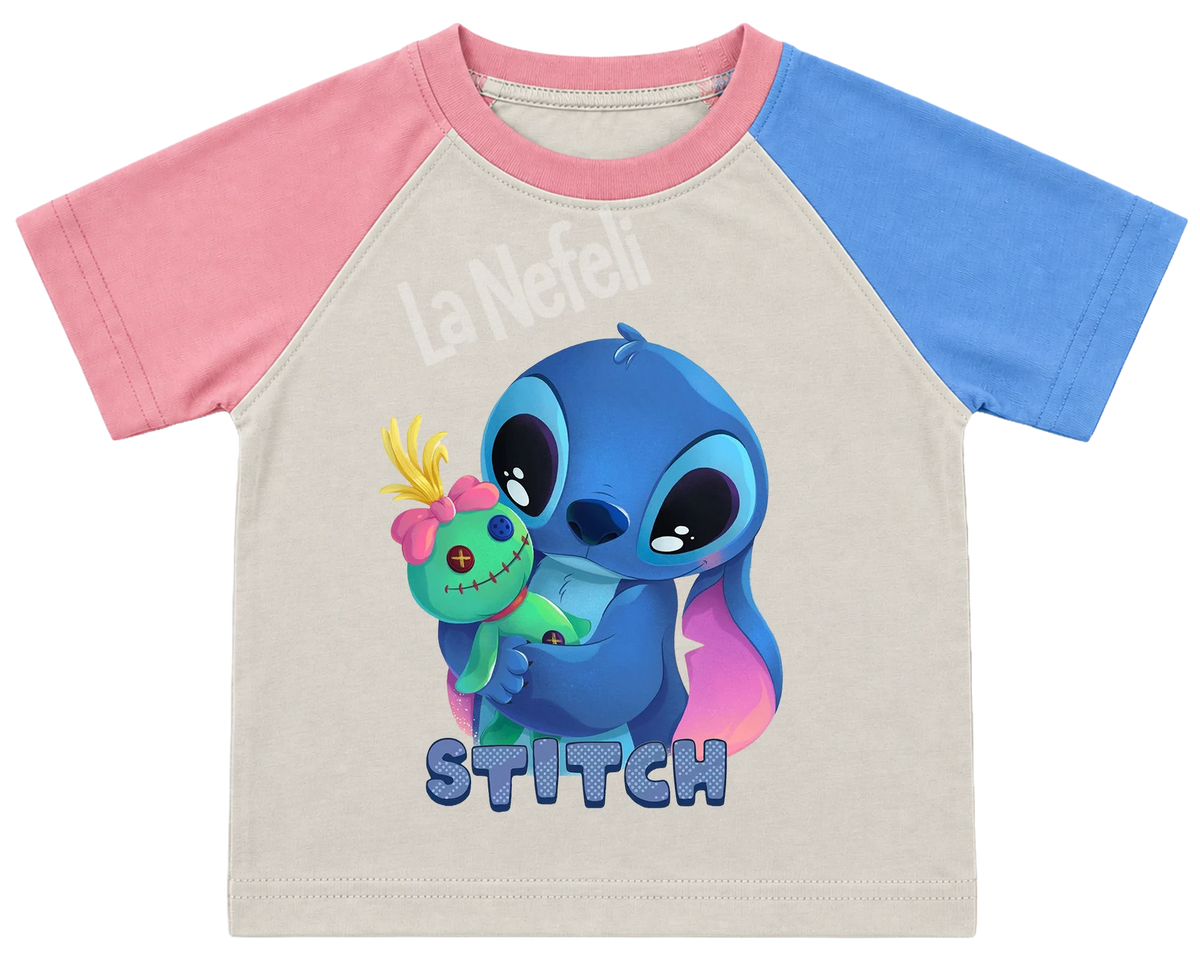 Stitch and Scrump hug kids' T-shirt, pink and blue raglan sleeves, pink collar