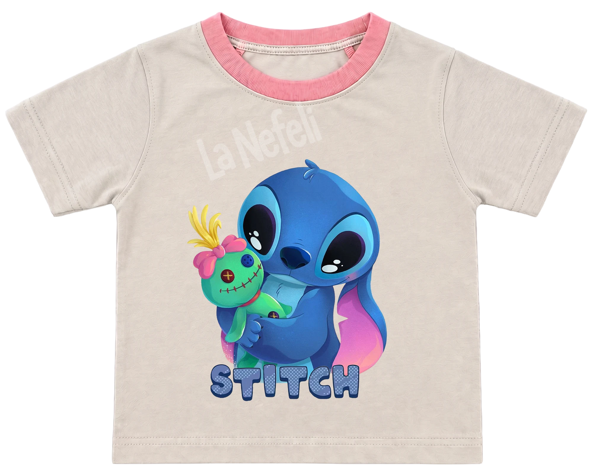 Stitch and Scrump hug kids' T-shirt, cream with a pink neckline