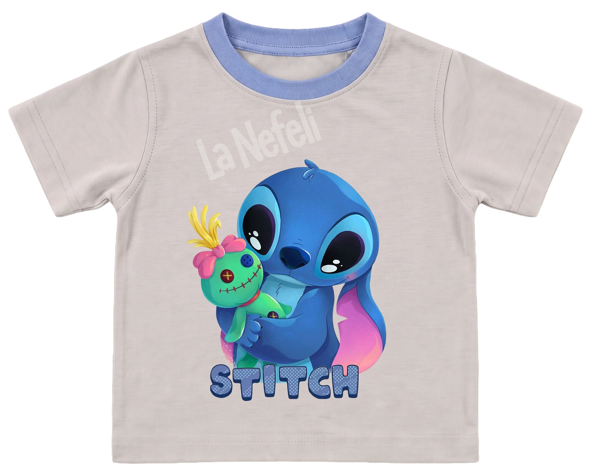Stitch and Scrump hug kids' T-shirt, cream with a blue neckline