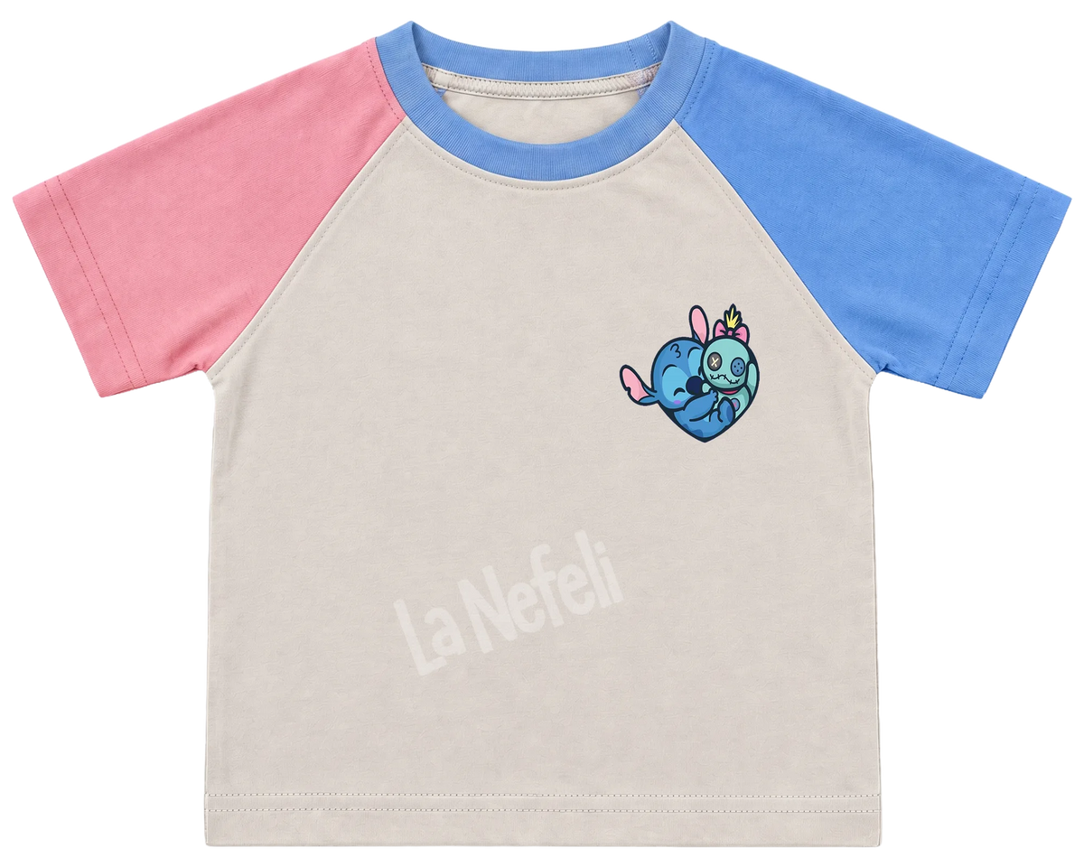 Stitch patchwork kids' T-shirt, pink and blue raglan sleeves, blue collar, a small Stitch heart on the chest