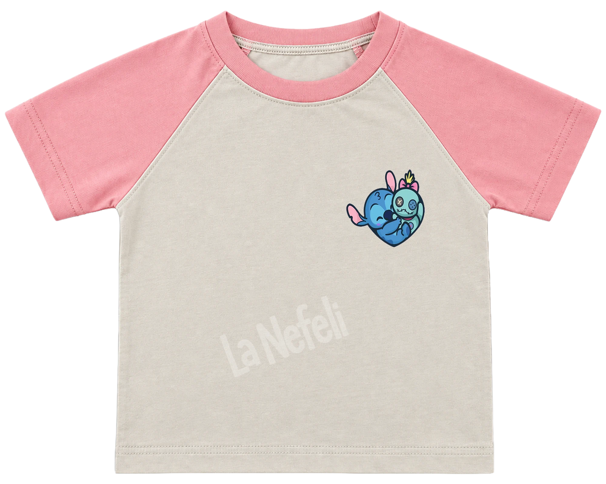 Stitch patchwork kids' T-shirt, raglan with pink sleeves, a small Stitch heart on the chest