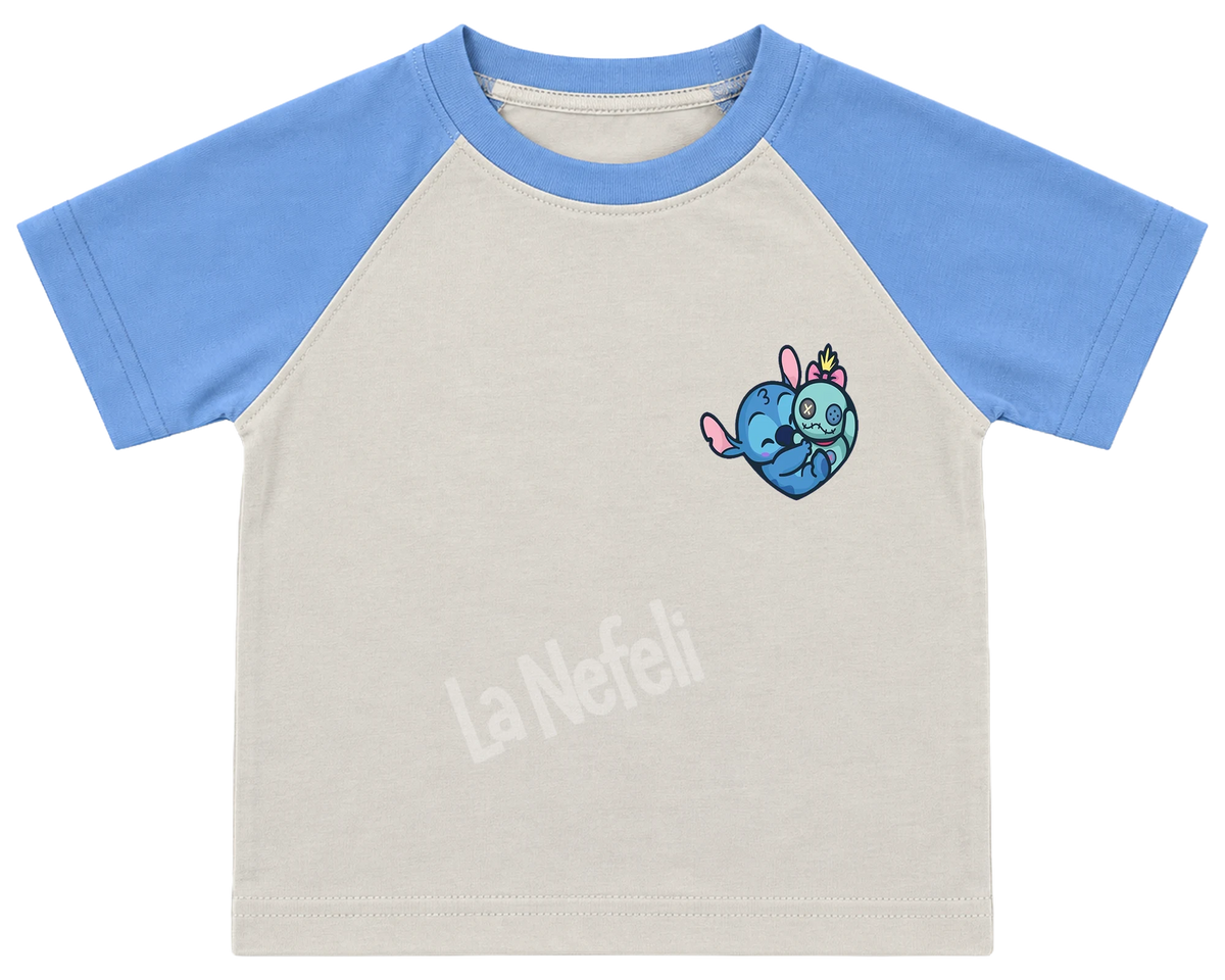 Stitch patchwork kids' T-shirt, raglan with blue sleeves, a small Stitch heart on the chest