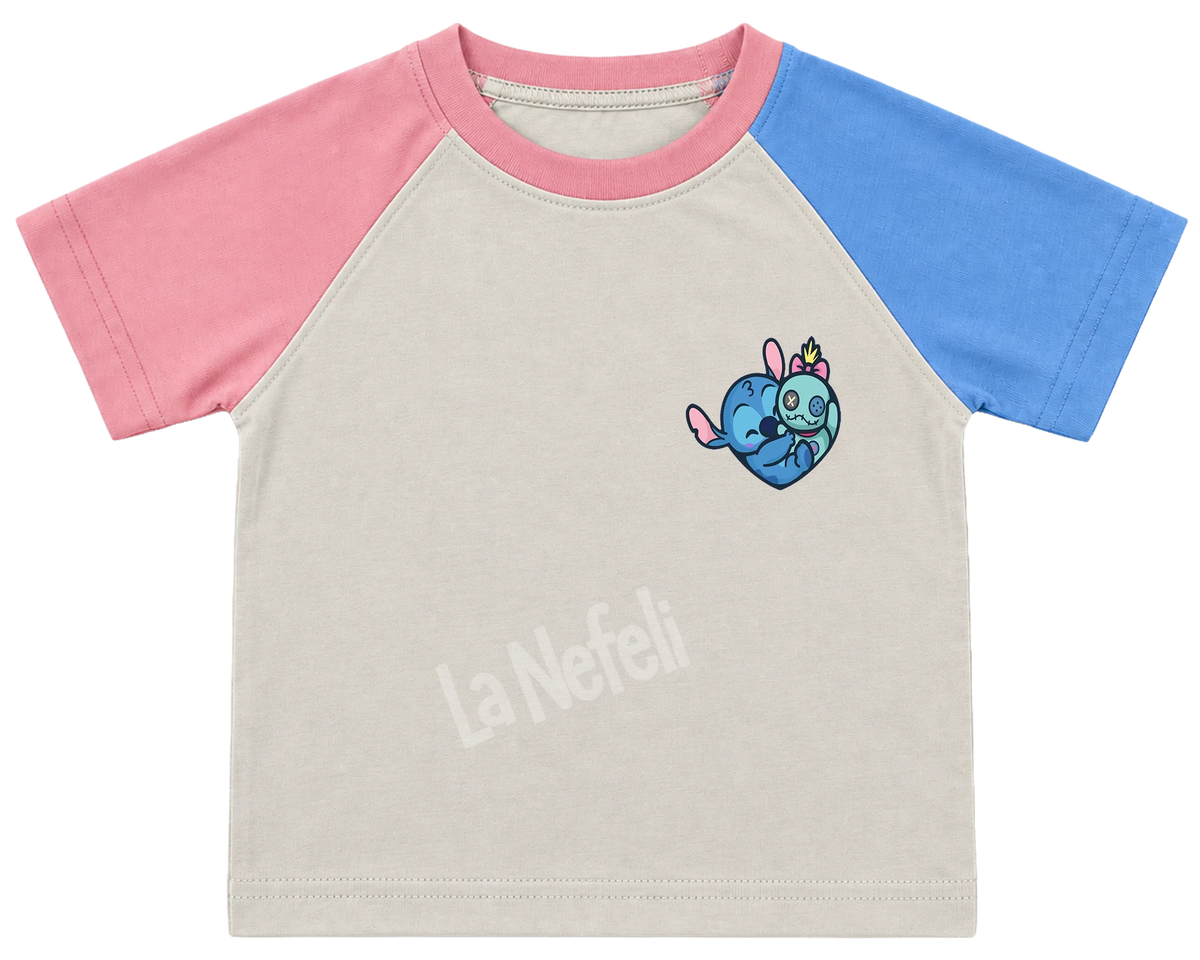 Stitch patchwork kids' T-shirt, pink and blue raglan sleeves, pink collar, a small Stitch heart on the chest
