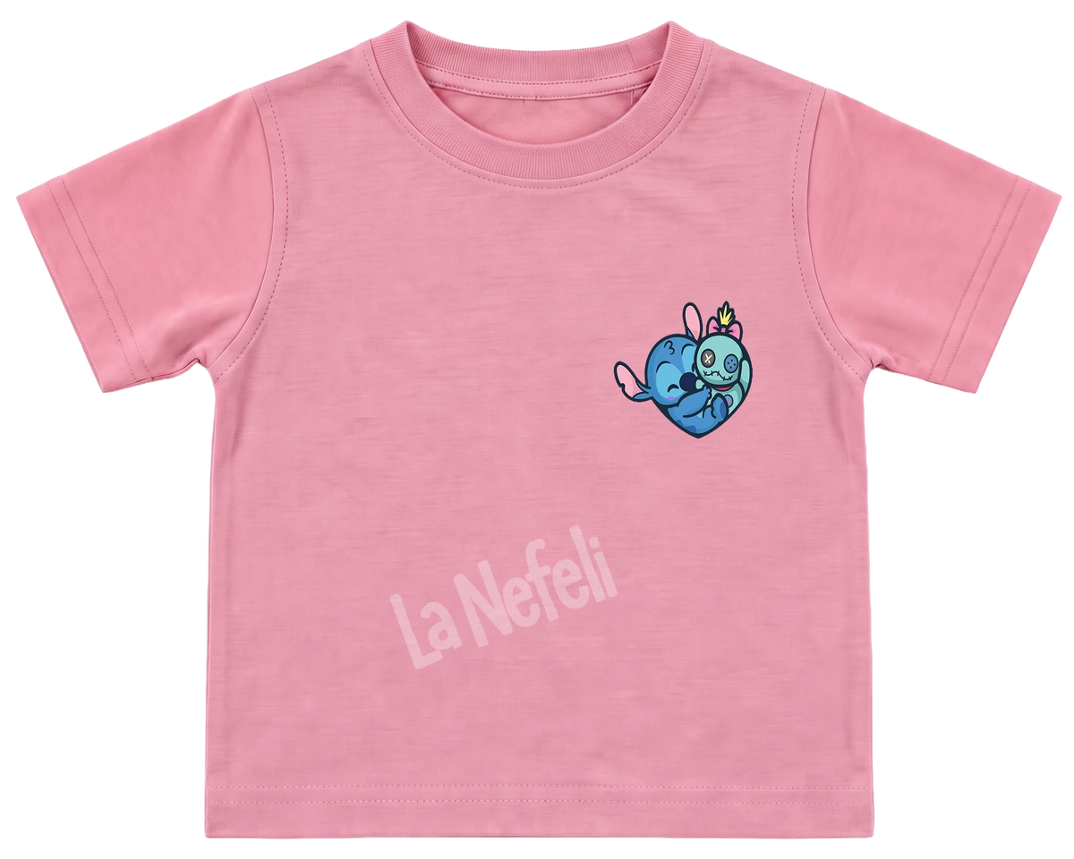 Stitch patchwork kids' T-shirt, all pink, a small Stitch heart on the chest