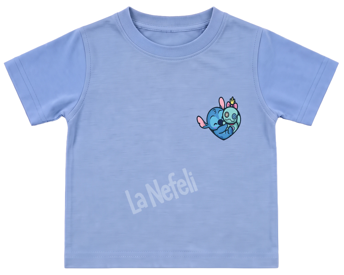 Stitch patchwork kids' T-shirt, all blue, a small Stitch heart on the chest