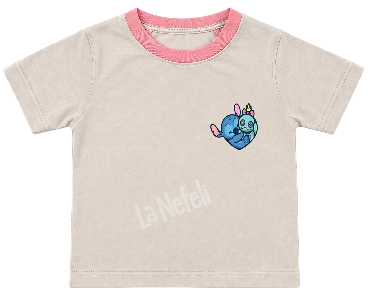 Stitch patchwork kids' T-shirt, cream with a pink neckline, a small Stitch heart on the chest