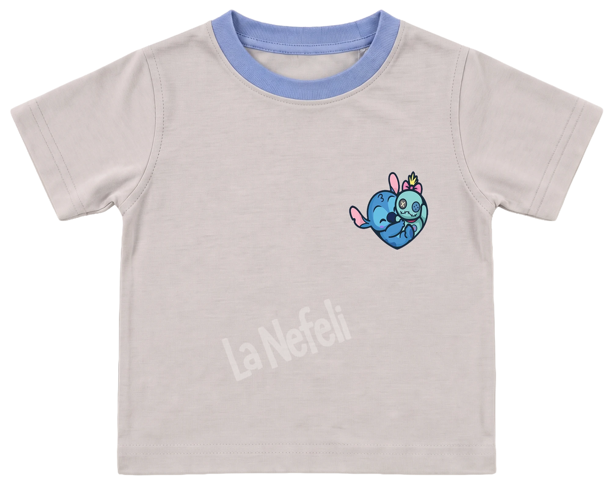 Stitch patchwork kids' T-shirt, cream with a blue neckline, a small Stitch heart on the chest