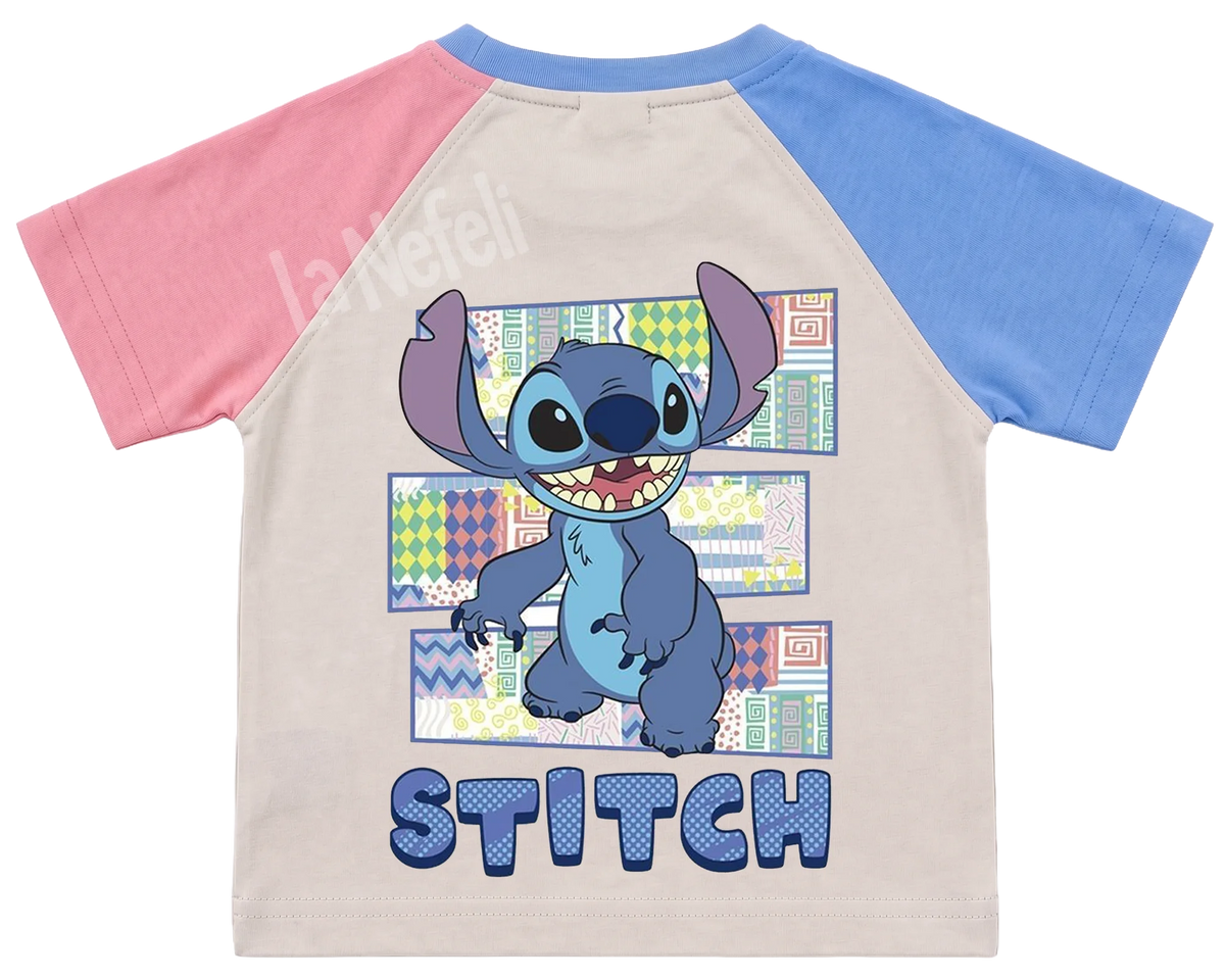 Stitch patchwork kids' T-shirt, pink and blue raglan sleeves, blue collar, big print on the back