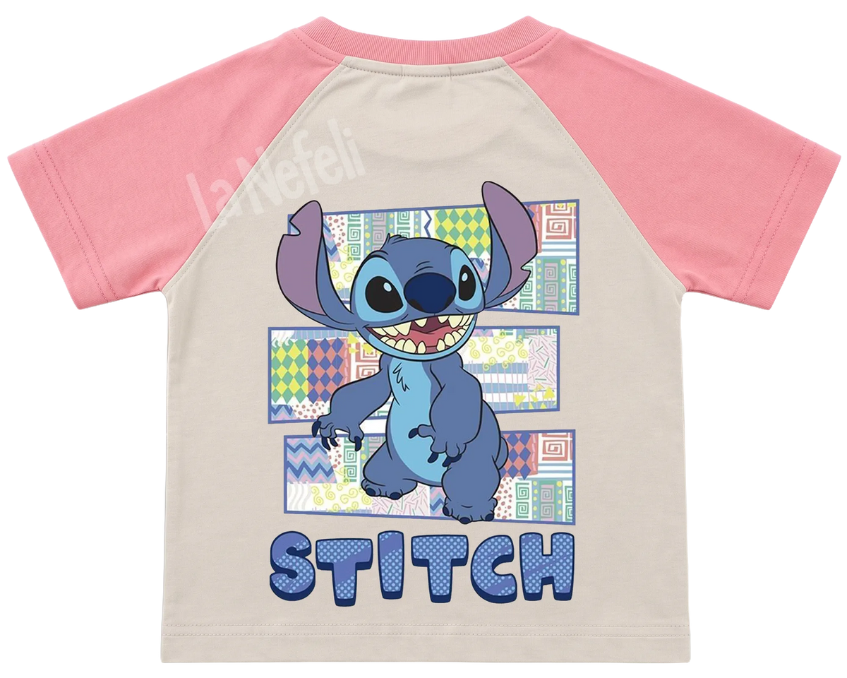 Stitch patchwork kids' T-shirt, raglan with pink sleeves, big print on the back
