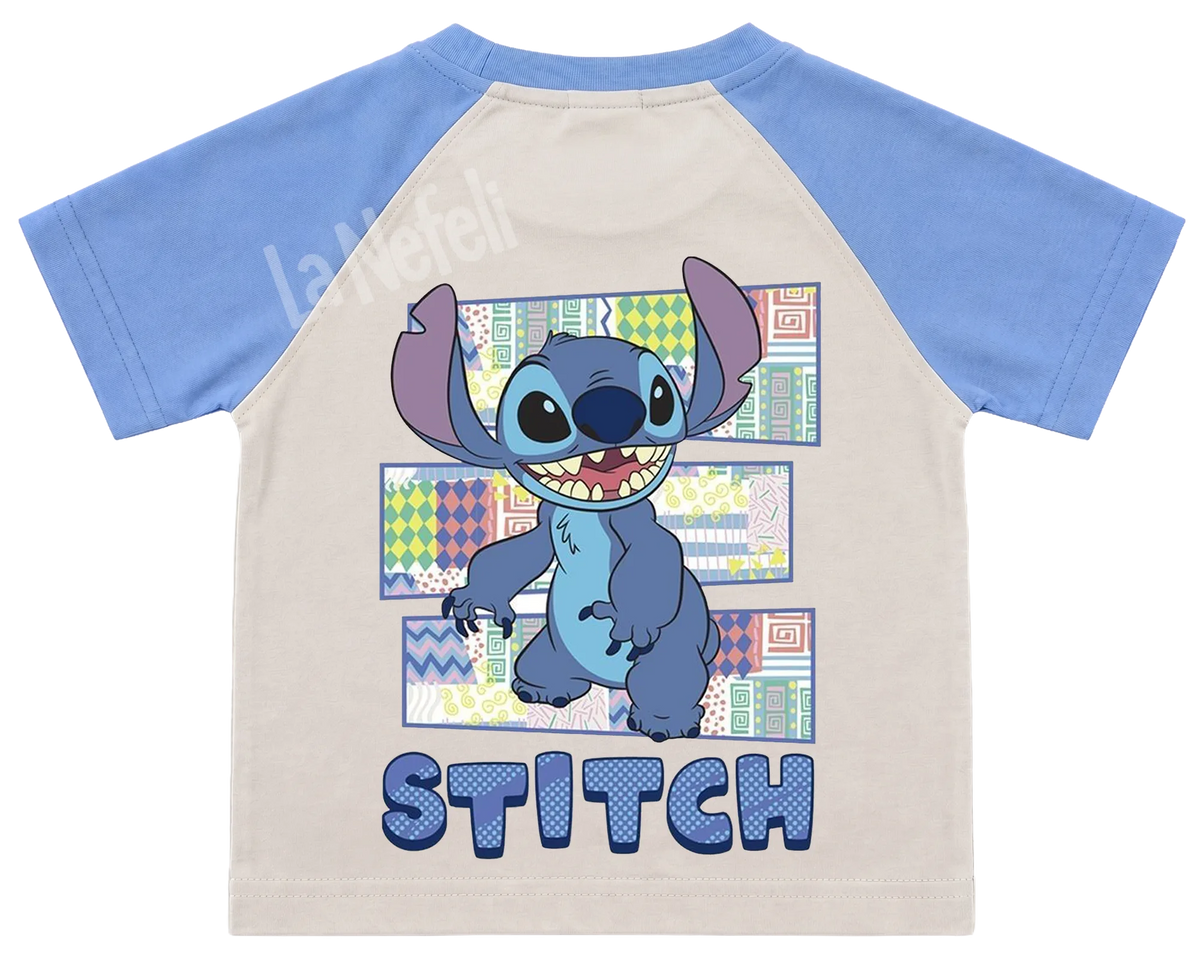 Stitch patchwork kids' T-shirt, raglan with blue sleeves, big print on the back