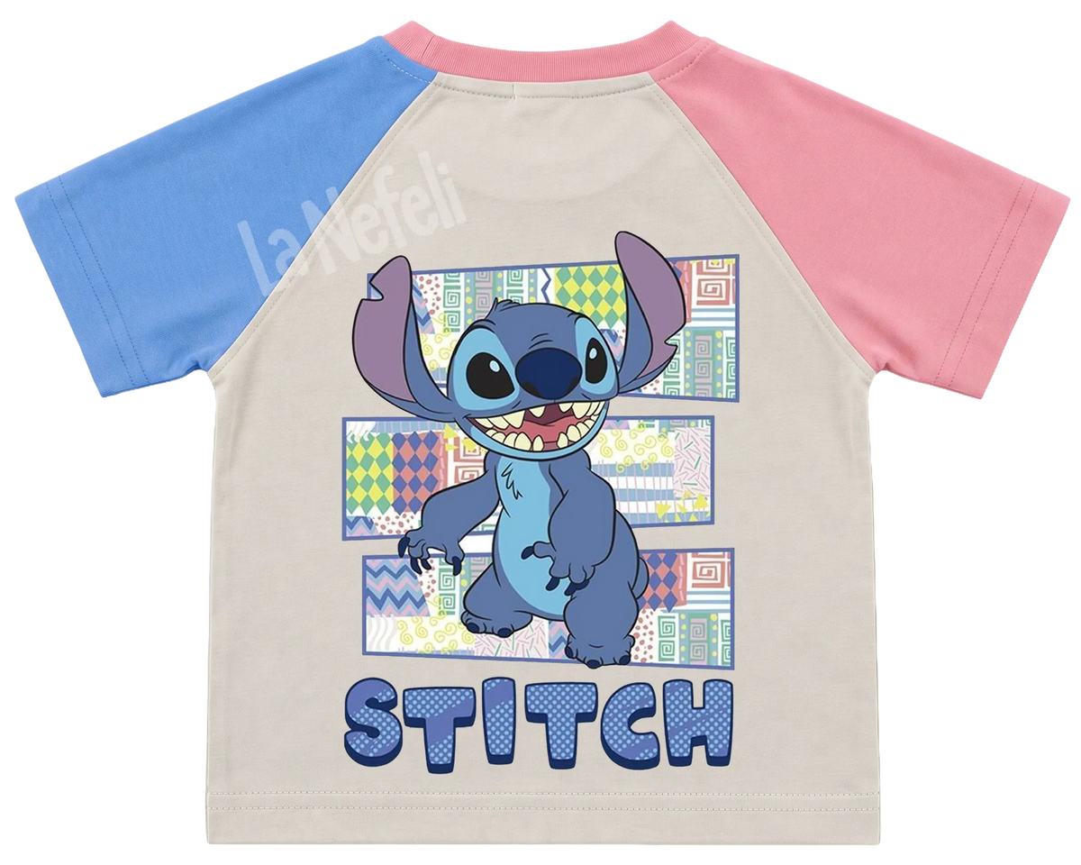 Stitch patchwork kids' T-shirt, pink and blue raglan sleeves, pink collar, big print on the back