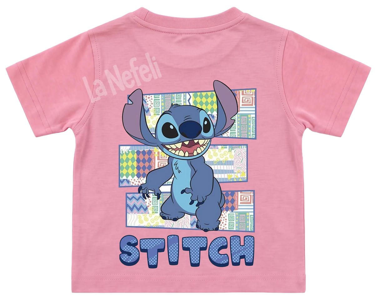 Stitch patchwork kids' T-shirt, all pink, big print on the back