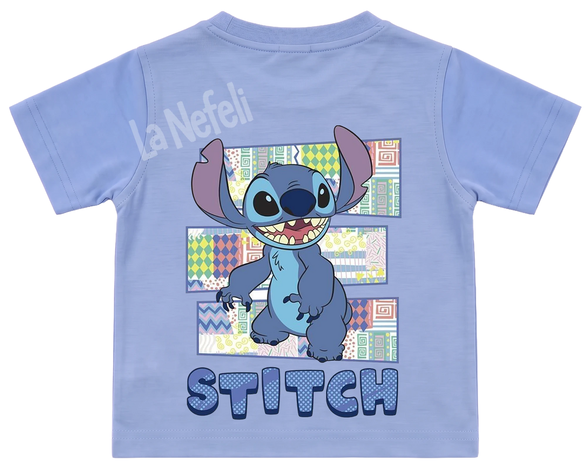 Stitch patchwork kids' T-shirt, all blue, big print on the back