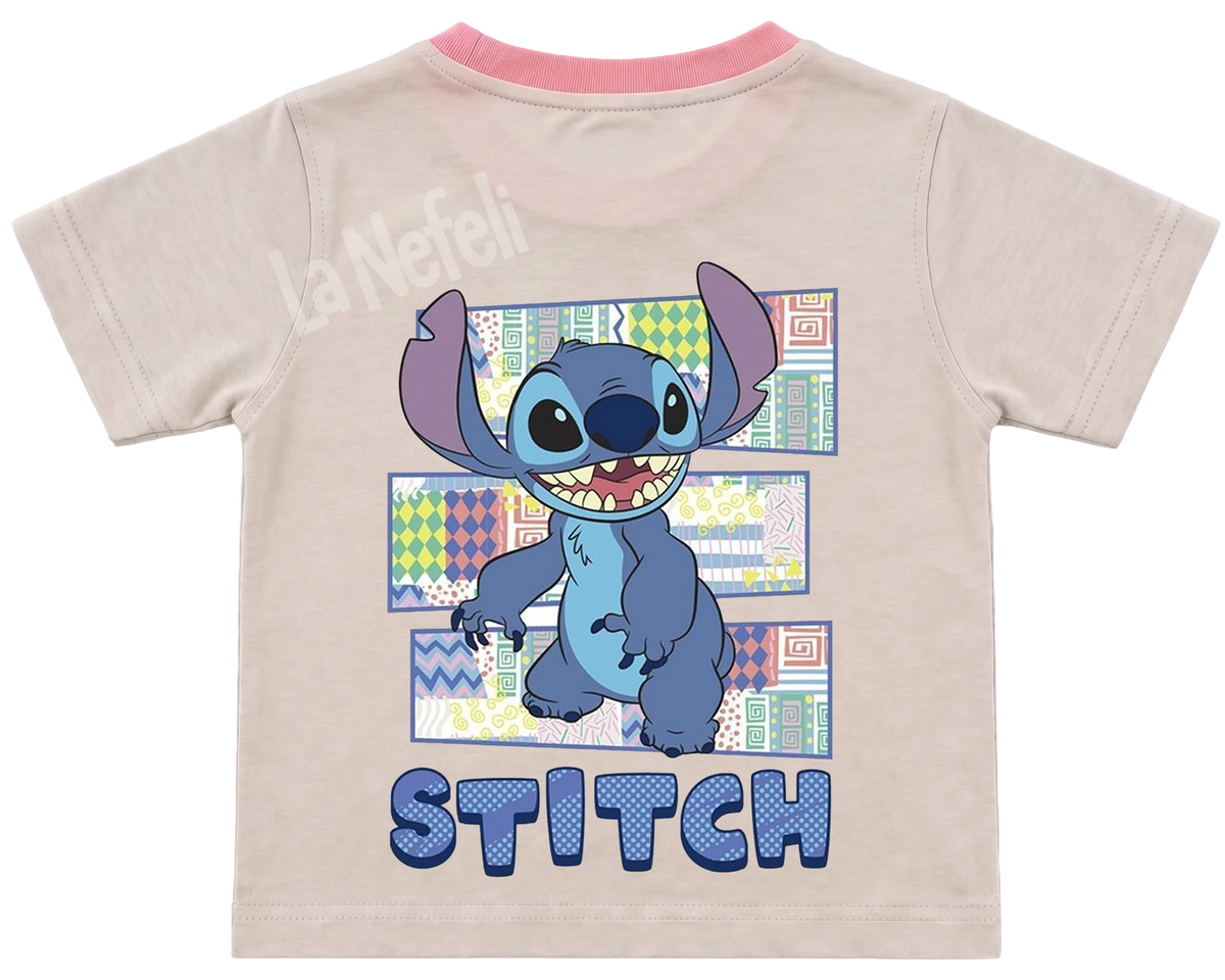 Stitch patchwork kids' T-shirt, cream with a pink neckline, big print on the back