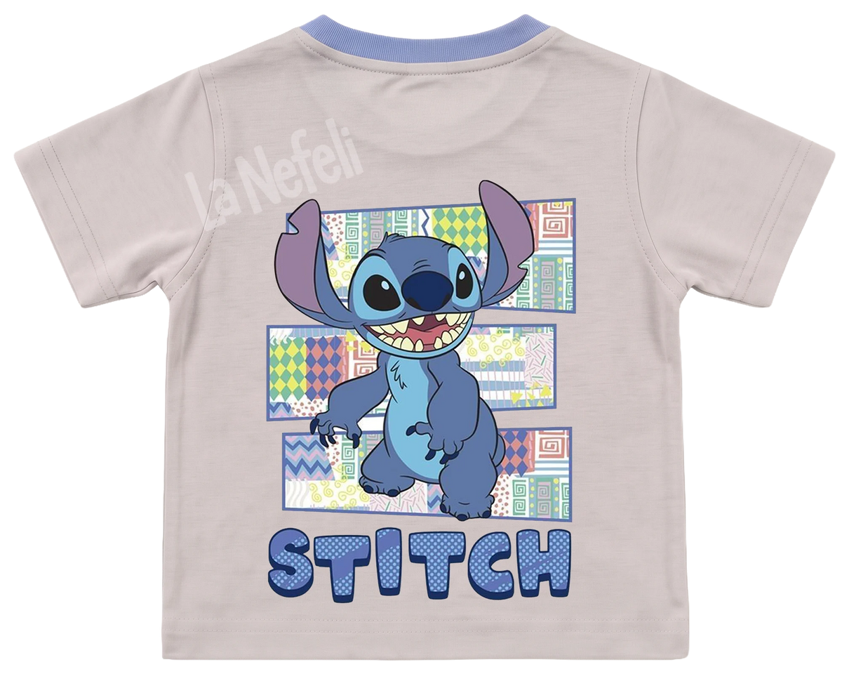 Stitch patchwork kids' T-shirt, cream with a blue neckline, big print on the back