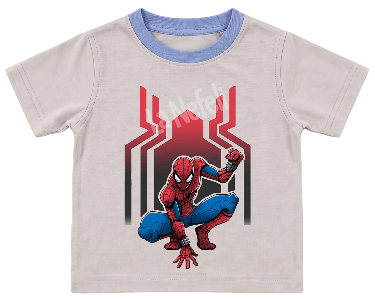 Spider-Man spider logo kids' T-shirt, cream with a blue neckline