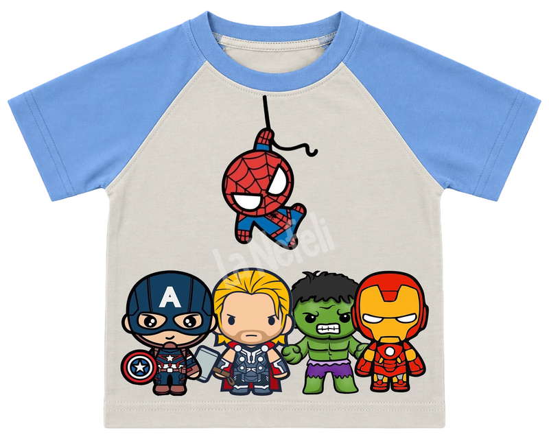 Little Avengers and Spider-Man kids' T-shirt, raglan with blue sleeves