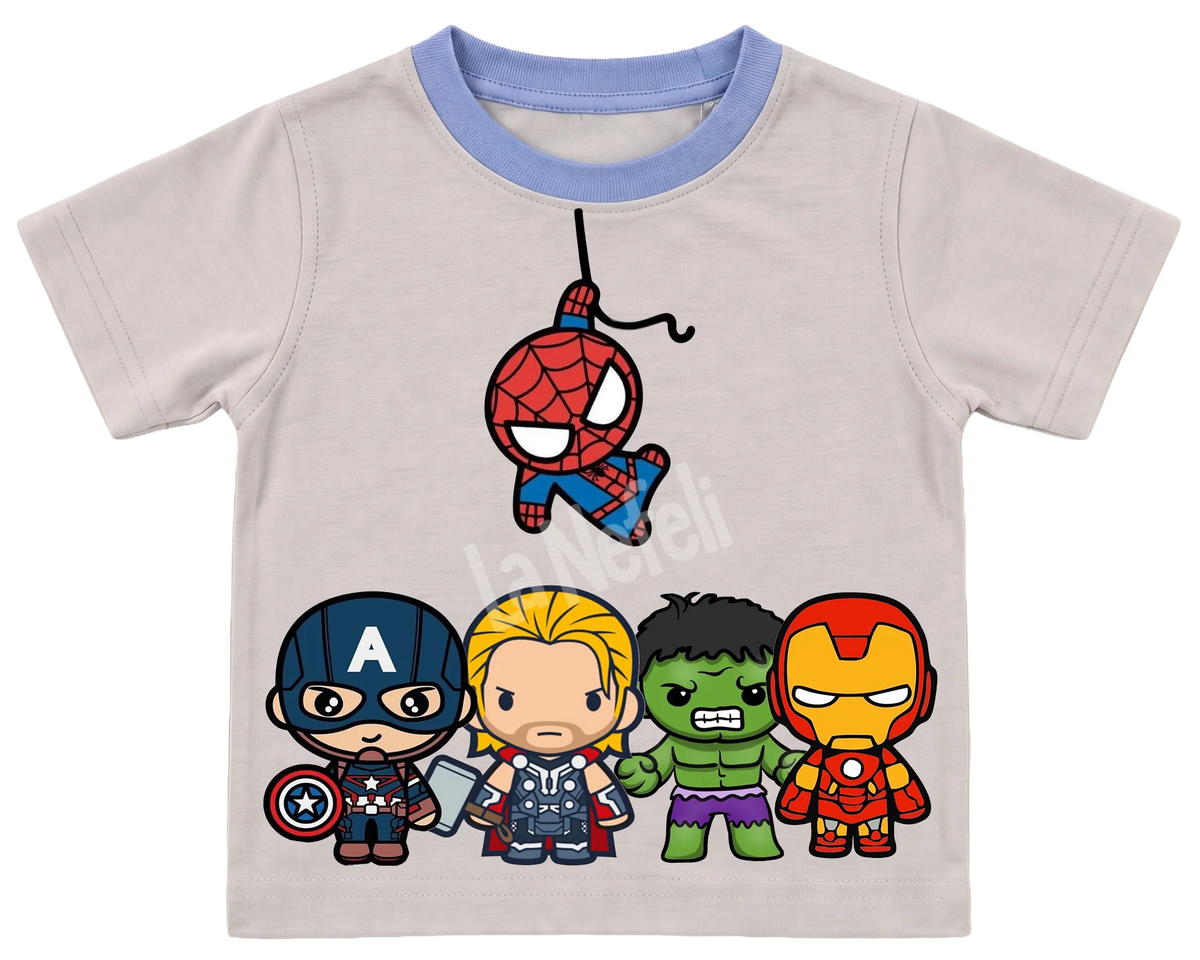 Little Avengers and Spider-Man kids' T-shirt, cream with a blue neckline