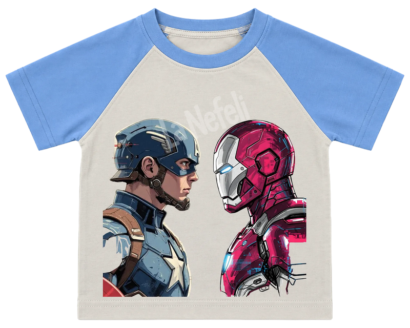 Captain America and Iron Man face-off kids' T-shirt, raglan with blue sleeves