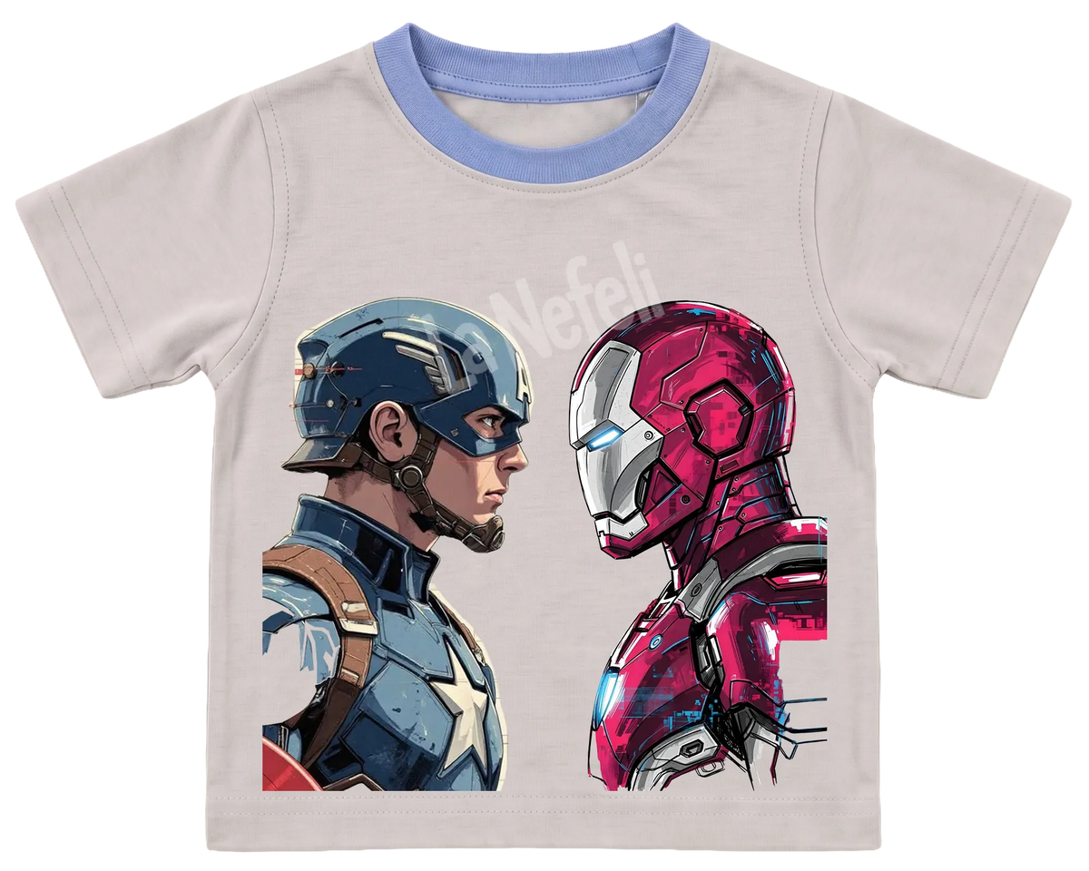 Captain America and Iron Man face-off kids' T-shirt, cream with a blue neckline